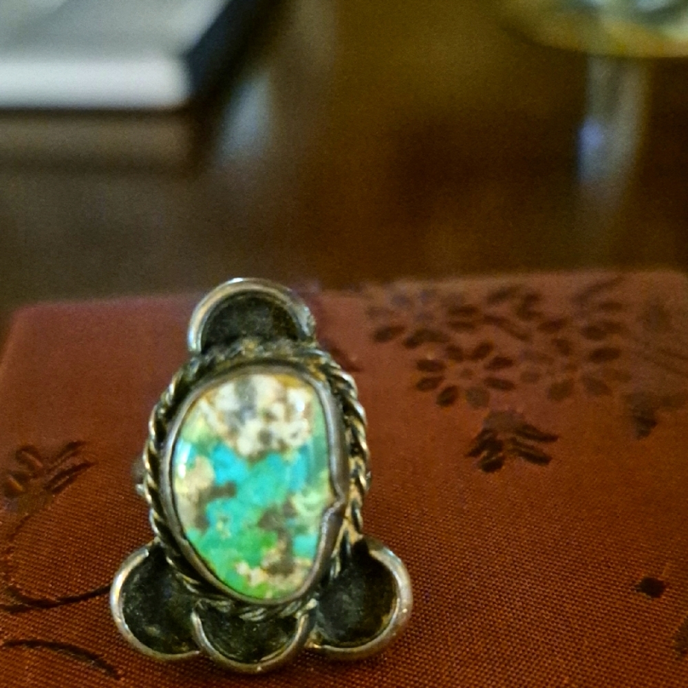 Royston Rare Silver and Green Tourquois Ring with Intricate Design